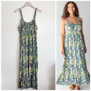 NATURAL LIFE Elizabeth Floral Maxi Dress Green Blue Ruffle Trim Women’s XL